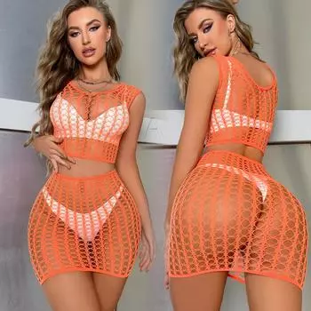 Летний женский комплект нижнего белья в сеточку, топы с высокой резинкой и юбка с разрезом, уличная одежда для вечеринок Y2K, женский сексуальный костюм из двух предметов XXS