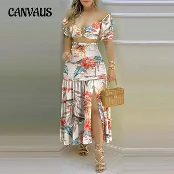 Летний женский комплект с разрезной юбкой и топом на одно плечо с принтом S розовый