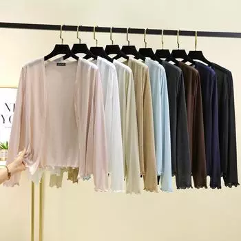 Летний женский короткий кардиган с оборками, накидка с длинным рукавом, защита от солнца, свободный крой, легкая накидка для кондиционера L белый