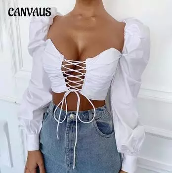 Летний женский короткий топ без воротника с перекрестными завязками и рукавами-фонариками, один вырез S белый