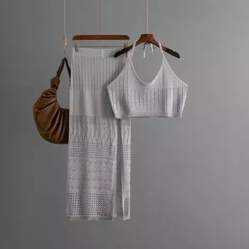 Летний женский короткий топ с высокой талией, тонкий ажурный открытый комплект, юбка до бедра, комплект из двух предметов One Size серый