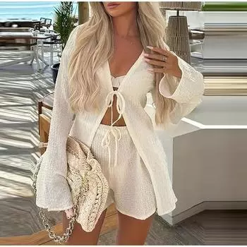 Летний женский костюм-двойка: кардиган на шнуровке с длинным рукавом и шорты. Повседневный костюм. Кружевной кардиган на шнуровке с длинным рукавом и шорты. S абрикосовый