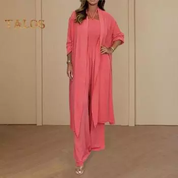 Летний женский костюм из 2 шт./компл., плиссированный комбинезон с широкими штанинами без рукавов, кардиган с длинными рукавами, шаль средней длины, сплошной цвет, повседневное пальто, комбинезон L красный