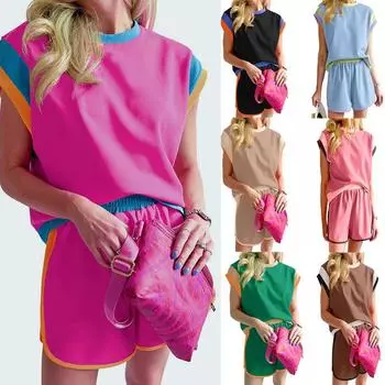 Летний женский костюм из двух предметов, европейский и американский тренд, универсальный свободный пуловер с круглым вырезом, повседневный женский костюм XXL чёрный