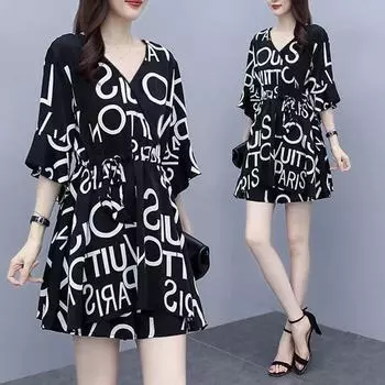 Летний женский костюм с цветочным принтом, комплект из 2 предметов, шифоновое платье, утягивающий, уменьшающий возраст, короткий костюм XXXXL