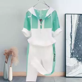 Летний женский костюм с капюшоном, кардиган и брюки-шаровары в стиле хип-хоп, спортивный костюм из двух частей M зелёный