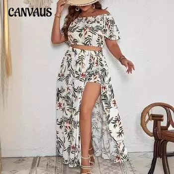 Летний женский костюм с юбкой больших размеров, топ без бретелек с вырезом в богемном тропическом стиле и костюм с юбкой до бедра с разрезом L белый