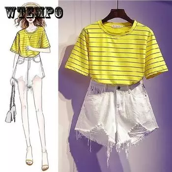 Летний женский костюм, свободная полосатая футболка, джинсовые шорты, костюм из двух предметов XXXXL