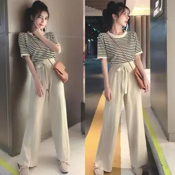 Летний женский костюм в гонконгском стиле 2023 года: Стильный, высокий, зрелый вид, модные широкие брюки, комплект из двух предметов 4XL чёрный