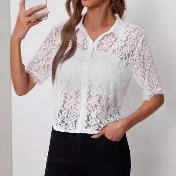 Летний женский костюм воротник кардиган сексуальный дышащий белый кружевной рубашка S белый
