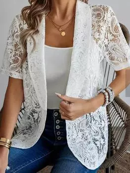 Летний женский красивый модный кардиган с рукавом до локтя, кружевной ажурный однотонный кардиган с коротким рукавом, женская одежда S белый