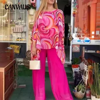 Летний женский красочный костюм больших размеров, повседневный топ с длинными рукавами и принтом, длинный брючный костюм с круглым вырезом
