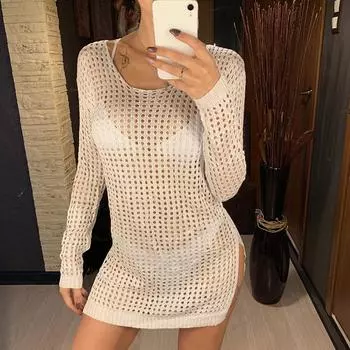 Летний женский крючком ажурный вязаный свитер Сексуальная пляжная одежда Бикини Повседневная накидка One Size белый