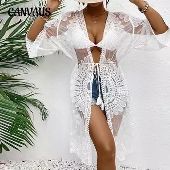 Летний женский кружевной кардиган с вышивкой, купальник, бикини, пляжные накидки One Size белый