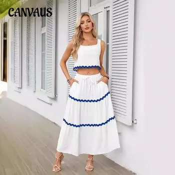 Летний женский кружевной коллаж без рукавов с коротким жилетом и юбкой с высокой талией и длинным платьем S чёрный