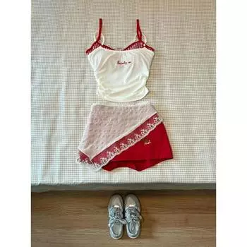 Летний женский кружевной тонкий костюм в стиле Харадзюку, популярный клетчатый жилет для девочек, верхняя одежда, красная мини-юбка Y2k, милая корейская модная одежда 2000-х годов S красный