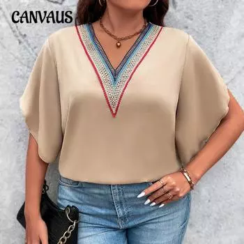 Летний женский кружевной топ больших размеров с v-образным вырезом, пуловер, повседневная рубашка, топ с короткими рукавами