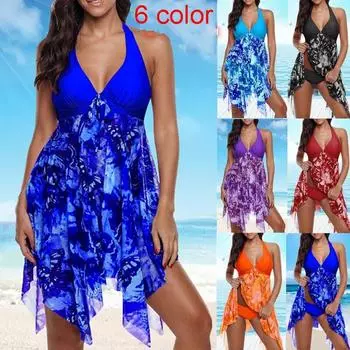 Летний женский купальник из двух частей с юбкой, пляжная одежда больших размеров, дышащий купальник большого размера с шелковой отделкой и шнуровкой S фиолетовый