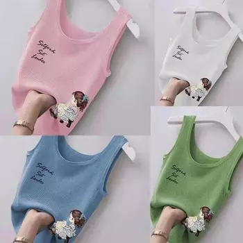 Летний женский милый шелковый жилет без рукавов с принтом для маленьких девочек, свободный топ M синий