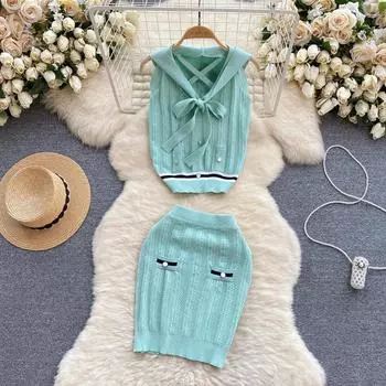 Летний женский милый вязаный свитер в стиле Jk, наряды для студенток, пуловер с галстуком-бабочкой и мини-короткой облегающей юбкой для девочек, комплект из двух предметов One Size чёрный