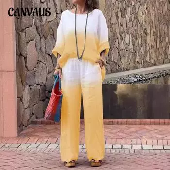 Летний женский модный брючный костюм из хлопка и льна с градиентом размера плюс S жёлтый