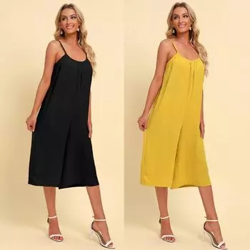 Летний женский модный комбинезон без рукавов с ремешком, свободный однотонный комбинезон с широкими штанинами M чёрный