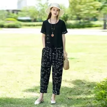 Летний женский модный комплект из 2 предметов, хлопок, лен, повседневная футболка с коротким рукавом, топ, укороченный брючный костюм, большие размеры XXXXXXL чёрный