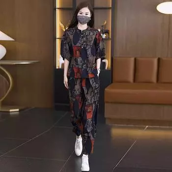 Летний женский модный костюм больших размеров, женский повседневный костюм-двойка с короткими рукавами и принтом, шаровары XXXXXL