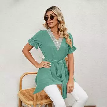 Летний женский модный однотонный жаккардовый пуловер с короткими рукавами и v-образным вырезом, свободный шифоновый топ с объемными рукавами и завязками XXL чёрный