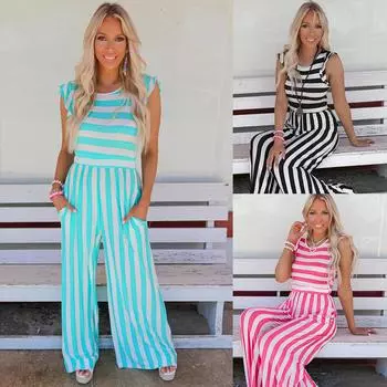Летний женский модный полосатый комбинезон без рукавов с принтом, свободный комбинезон S красный