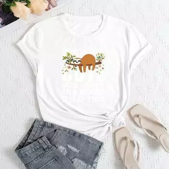 Летний женский модный повседневный свободный топ из хлопка с короткими рукавами и надписью «ленивец» с круглым вырезом S белый