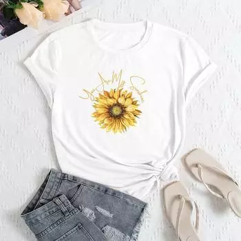Летний женский модный повседневный свободный топ из хлопка с принтом подсолнухов и короткими рукавами с круглым вырезом S белый