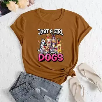 Летний женский модный повседневный свободный топ из хлопка с короткими рукавами и круглым вырезом с принтом собаки S абрикосовый