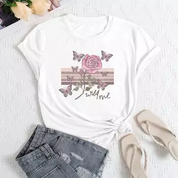 Летний женский модный повседневный свободный топ из хлопка с круглым вырезом и короткими рукавами с принтом роз S белый