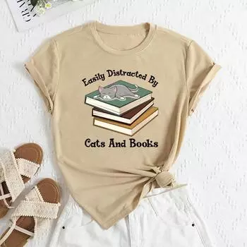 Летний женский модный повседневный свободный топ из хлопка с короткими рукавами и круглым вырезом с буквенным принтом «кошка» S абрикосовый