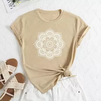 Летний женский модный повседневный свободный топ из хлопка с круглым вырезом и короткими рукавами S абрикосовый