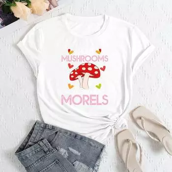 Летний женский модный повседневный свободный топ из хлопка с круглым вырезом и короткими рукавами с принтом грибов S белый