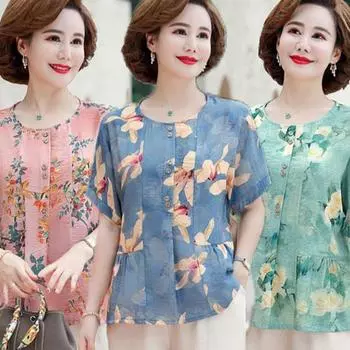 Летний женский новый пуловер с круглым вырезом и принтом в виде цветов, модный повседневный топ из хлопка и льна с коротким рукавом XL зелёный