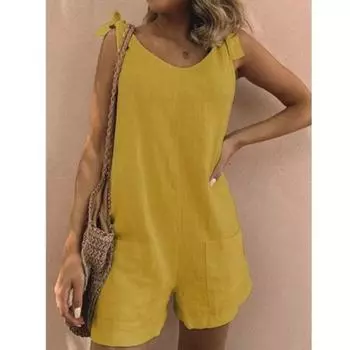 Летний женский однотонный хлопок и лен с накладными карманами, свободный повседневный комбинезон, шорты, комбинезон на подтяжках, брюки-комбинезон, комбинезон без рукавов XS чёрный