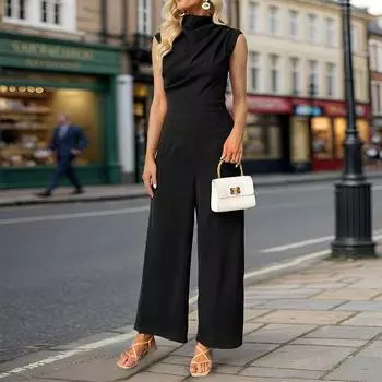 Летний женский однотонный комбинезон без рукавов с отложным воротником S кофейный