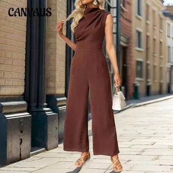 Летний женский однотонный комбинезон без рукавов с круглым вырезом S чёрный