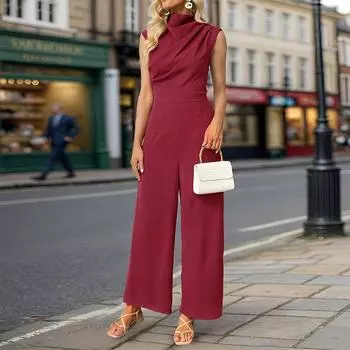 Летний женский однотонный комбинезон без рукавов с отложным воротником M бордовый