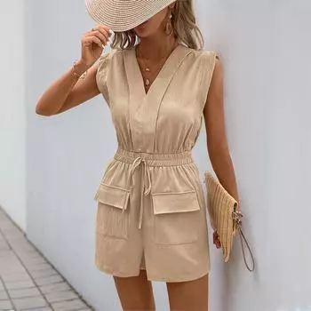 Летний женский однотонный короткий комбинезон на шнуровке с V-образным вырезом S хаки