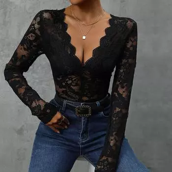 Летний женский однотонный кружевной комбинезон с длинными рукавами S чёрный