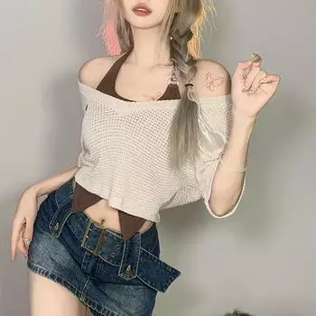 Летний женский однотонный облегающий жилет в европейском и американском стиле с открытым пупком, модный жилет с подвесным воротником, комплект из двух предметов с короткими рукавами XL чёрный