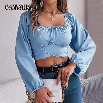 Летний женский однотонный повседневный топ с длинным рукавом и U-образным вырезом S оранжевый