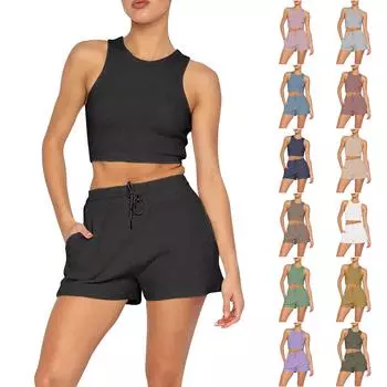 Летний женский однотонный спортивный жилет без рукавов, повседневные шорты с эластичным поясом и карманами, спортивный свободный мягкий комплект из двух предметов XXL чёрный