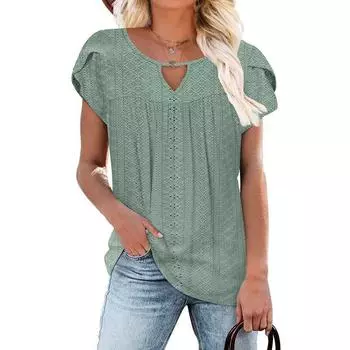 Летний женский однотонный свободный топ с v-образным вырезом и короткими рукавами S чёрный