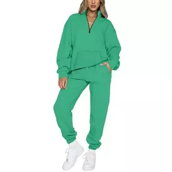 Летний женский однотонный топ на молнии с длинными рукавами, повседневные брюки с эластичной завязкой и карманами, спортивный стиль для отдыха, свободный мягкий костюм из двух предметов XL