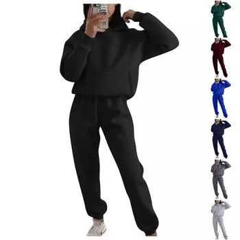 Летний женский однотонный топ с капюшоном и длинными рукавами, повседневные эластичные брюки с карманами, спортивный стиль для тренировок, свободный мягкий комплект из двух предметов L чёрный